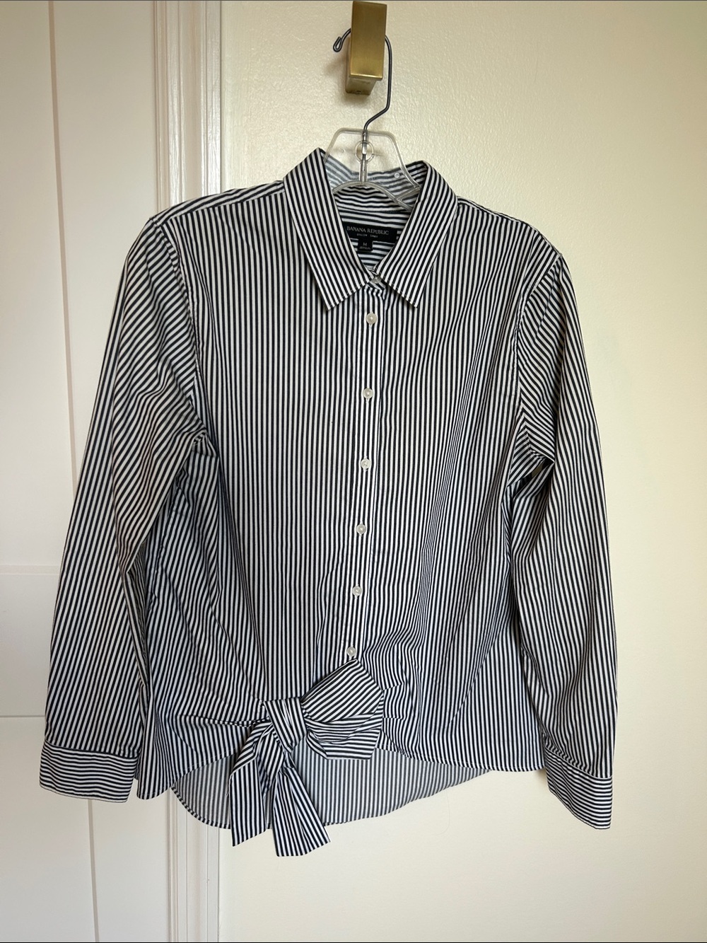Banana Republic Black and White Striped Tie-Hem Button-Down Shirt